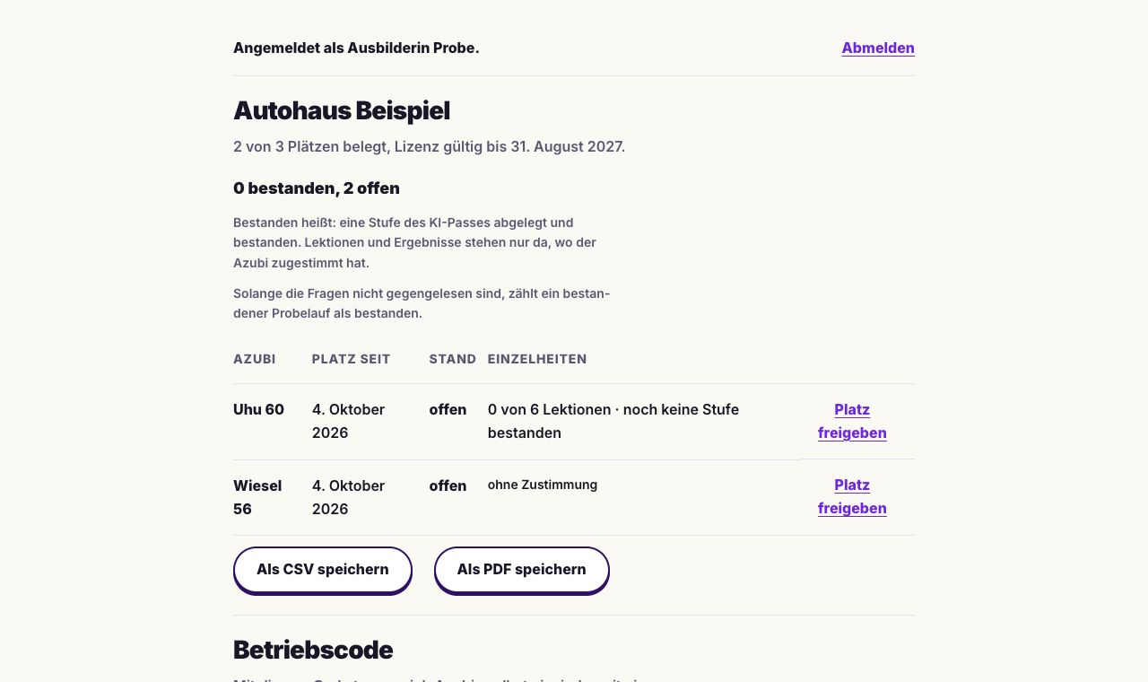 Die Übersicht eines Testbetriebs mit zwei Azubis: je Azubi Platz seit, Stand und Einzelheiten. Wer nicht zugestimmt hat, zeigt nur den Stand.